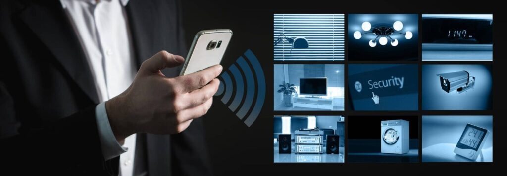 Hand holding smartphone with wireless signal icon, surrounded by images of security devices, including CCTV camera and home monitoring equipment, emphasizing tailored security solutions and CCTV monitoring services.
